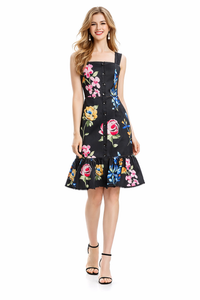 Floral Square Neck Strappy Frill Hem Midi Dress