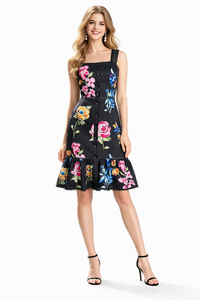 Floral Square Neck Strappy Frill Hem Midi Dress