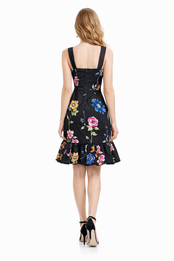 Floral Square Neck Strappy Frill Hem Midi Dress
