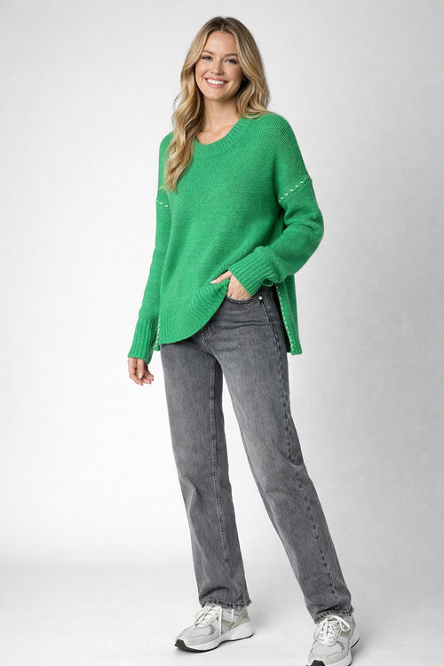 Green Oversized Cashmere Sweater – Stitched Details, Crew Neck, Thumbhole