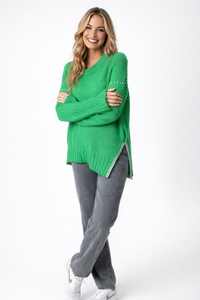 Green Oversized Cashmere Sweater – Stitched Details, Crew Neck, Thumbhole