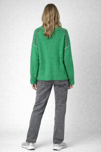 Green Oversized Cashmere Sweater – Stitched Details, Crew Neck, Thumbhole