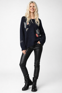 Navy Embroidered Knit Sweater with Nature-Inspired Motifs – 100% Cashmere