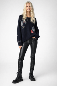 Navy Embroidered Knit Sweater with Nature-Inspired Motifs – 100% Cashmere