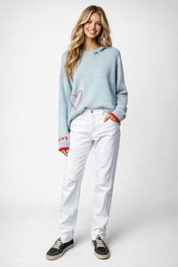 Asymmetrical Knit Sweater with Heart and Script Embroidery – 100% Cashmere
