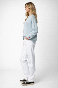 Asymmetrical Knit Sweater with Heart and Script Embroidery – 100% Cashmere