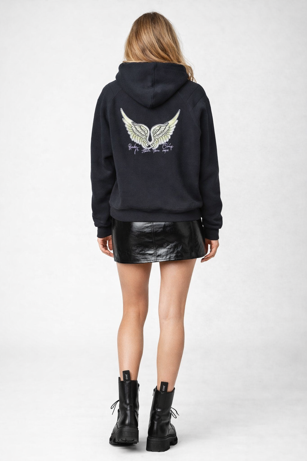 Black Oversized 100% Cotton Fleece Hoodie with Angel Wing Back Print