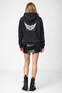 Black Oversized 100% Cotton Fleece Hoodie with Angel Wing Back Print