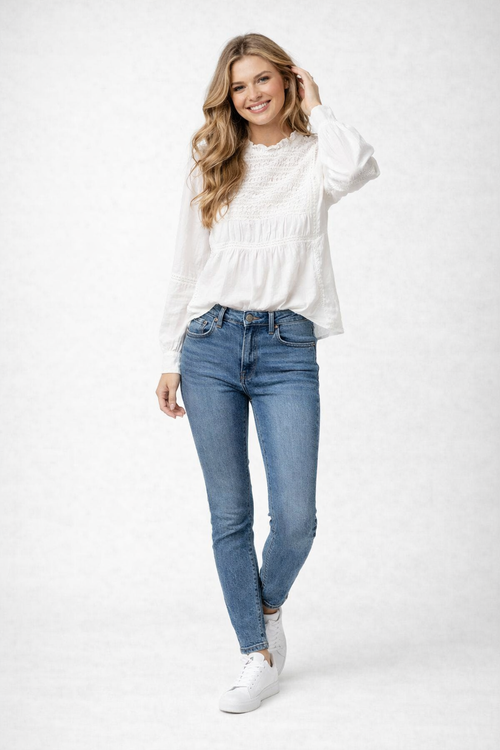 100% Cotton Ruffled High-Neck Blouse with Lace Insert & Puffed Sleeves