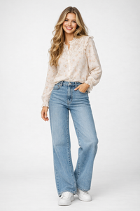 Ruffled High Neck Eyelet Embroidered Blouse in Floral Print