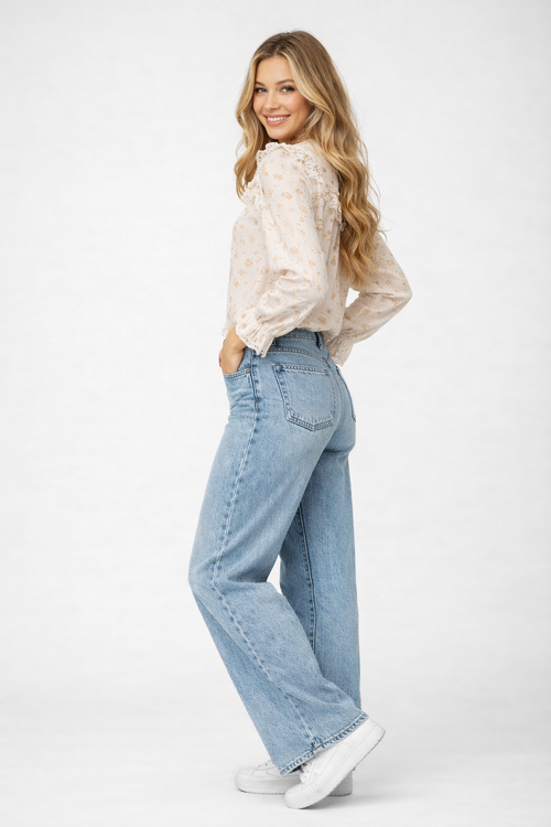 Ruffled High Neck Eyelet Embroidered Blouse in Floral Print