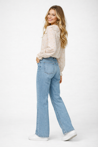 Ruffled High Neck Eyelet Embroidered Blouse in Floral Print