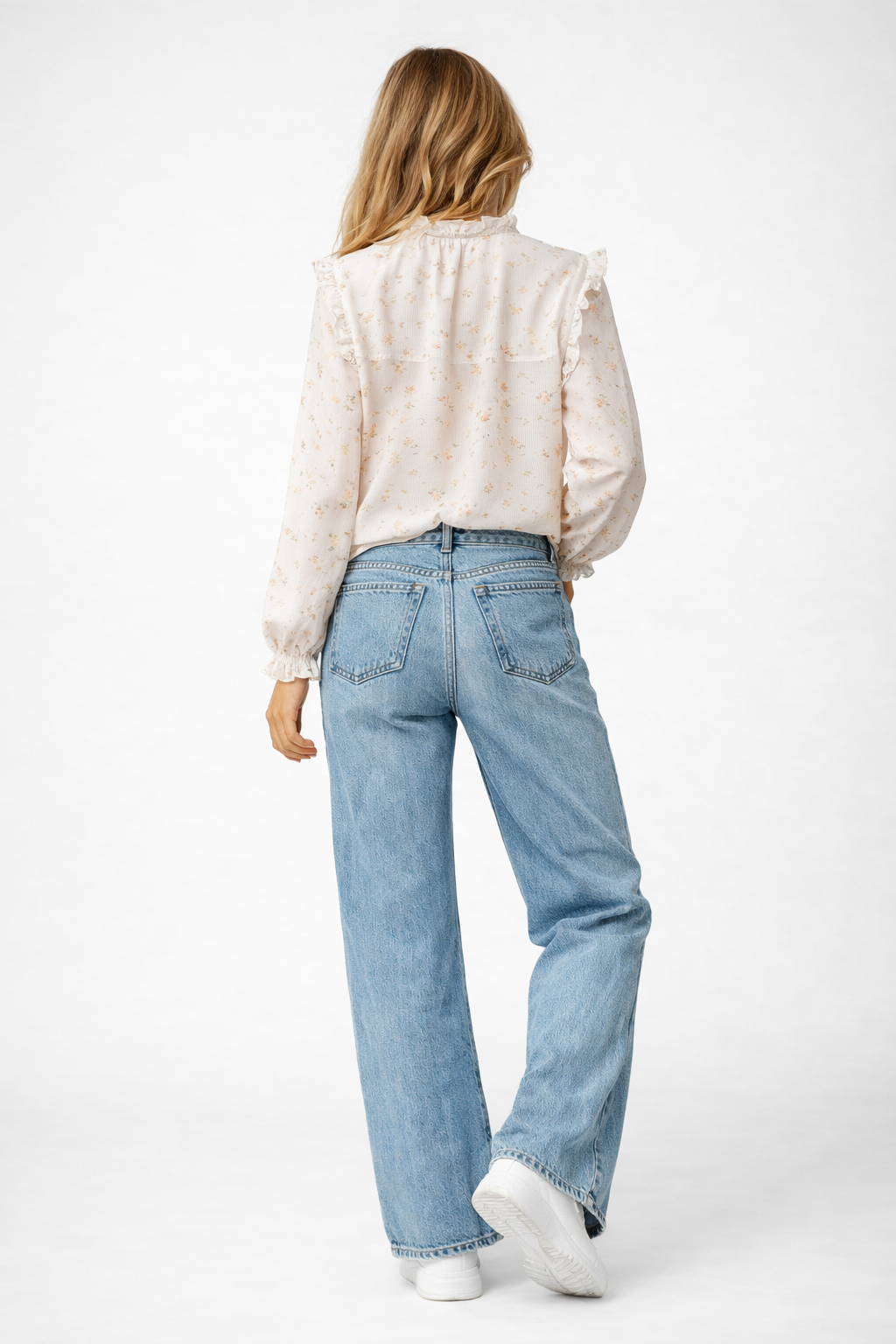 Ruffled High Neck Eyelet Embroidered Blouse in Floral Print