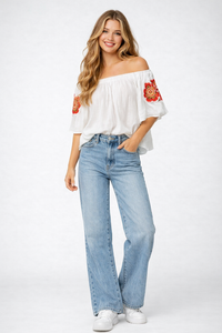 Square Neck Off-Shoulder Crinkle Cotton Top with Floral Embroidery