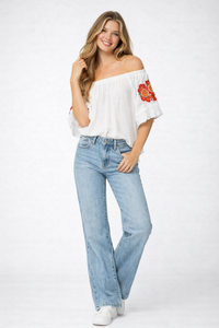 Square Neck Off-Shoulder Crinkle Cotton Top with Floral Embroidery