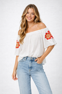 Square Neck Off-Shoulder Crinkle Cotton Top with Floral Embroidery