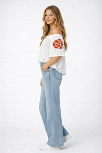 Square Neck Off-Shoulder Crinkle Cotton Top with Floral Embroidery