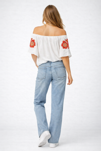 Square Neck Off-Shoulder Crinkle Cotton Top with Floral Embroidery