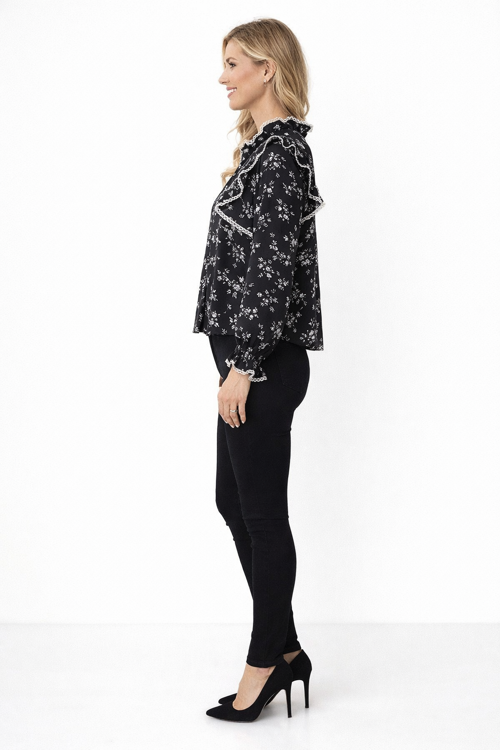 High Neck Floral Blouse – Ruffled, Scalloped Embroidery
