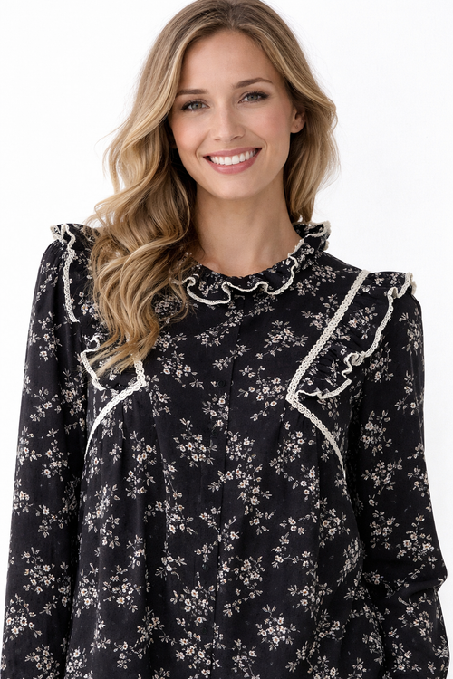 High Neck Floral Blouse – Ruffled, Scalloped Embroidery