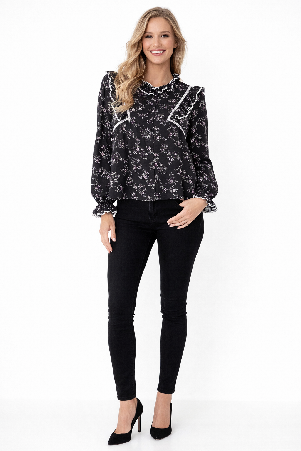 High Neck Floral Blouse – Ruffled, Scalloped Embroidery