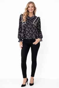 High Neck Floral Blouse – Ruffled, Scalloped Embroidery