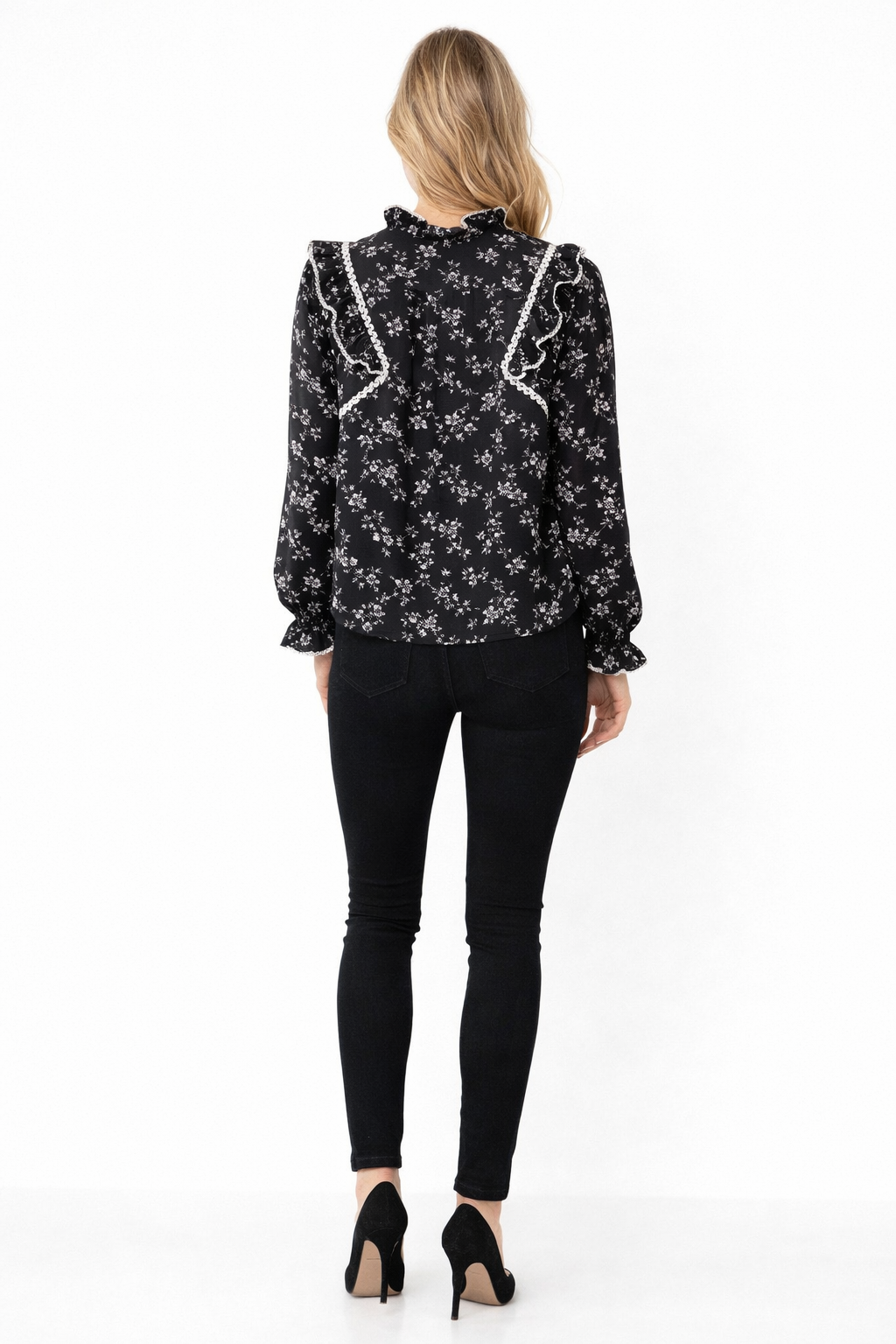 High Neck Floral Blouse – Ruffled, Scalloped Embroidery