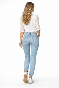 Ruffled High-Neck White Cotton Blouse with Embroidered Sleeves