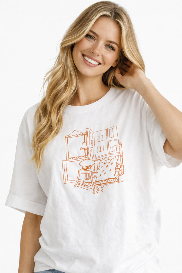 Rolled Up Short Sleeve Loose Fit White Cotton T-Shirt in Graphic Print