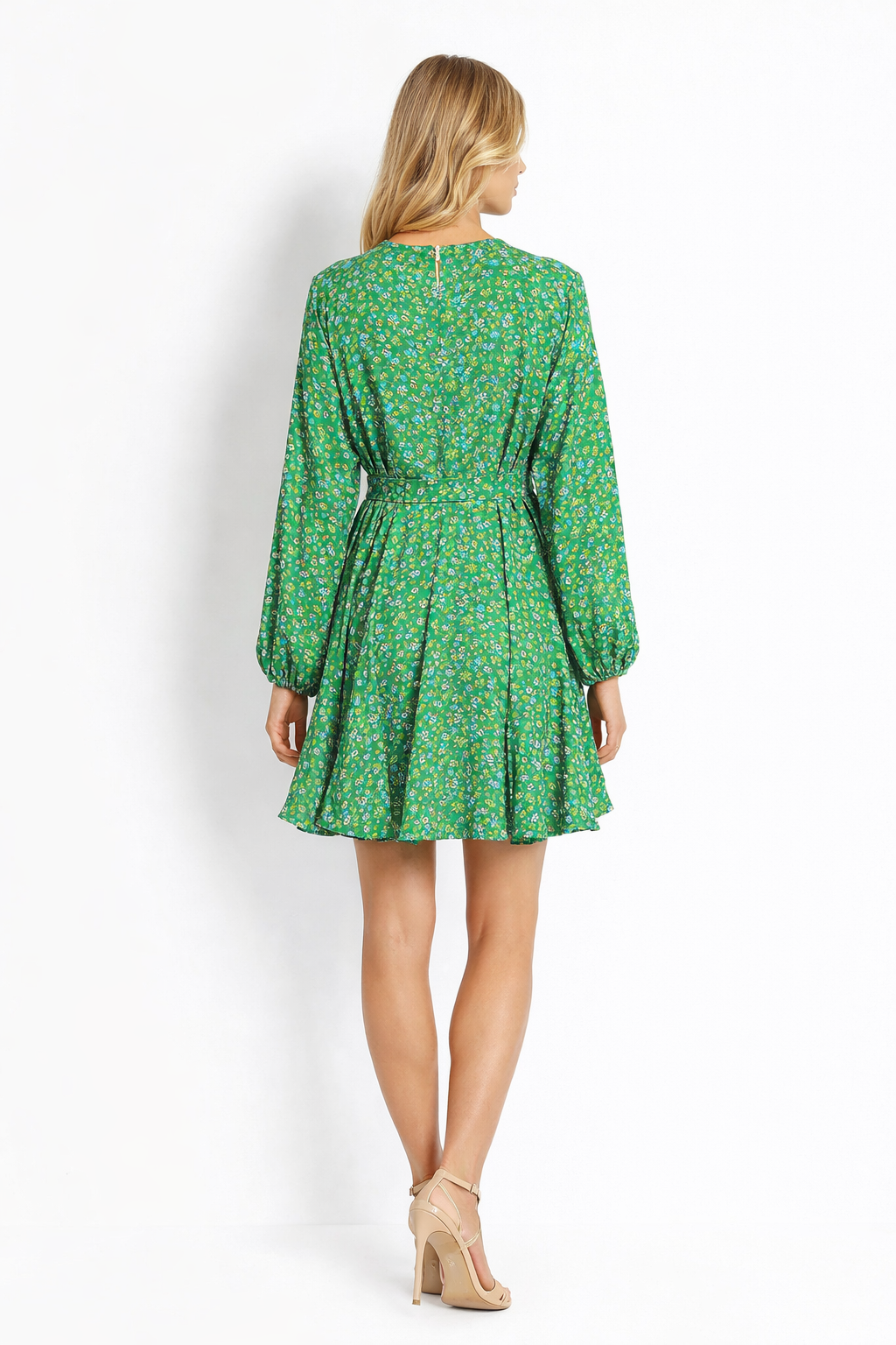Green Garden Floral Print Tie-waist Ruffle Mini Dress