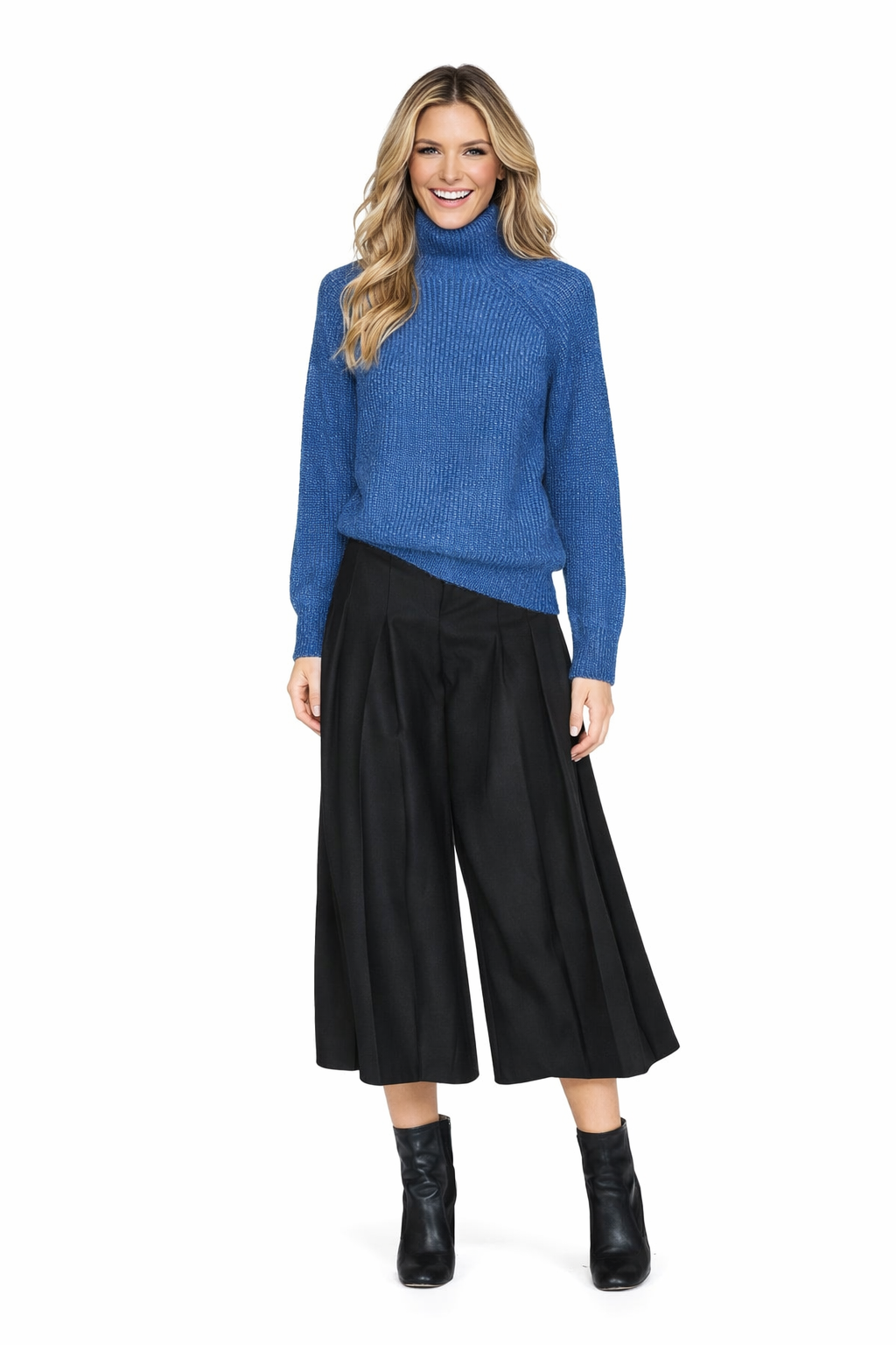 Turtleneck Relaxed Raglan Sleeve Blue Sweater & Black Wide-Leg Trousers Set
