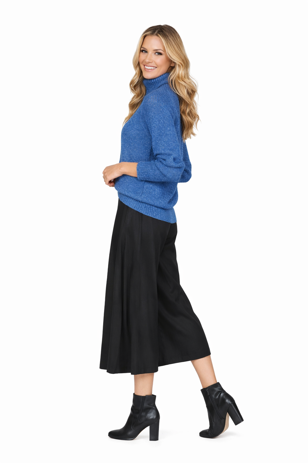 Turtleneck Relaxed Raglan Sleeve Blue Sweater & Black Wide-Leg Trousers Set