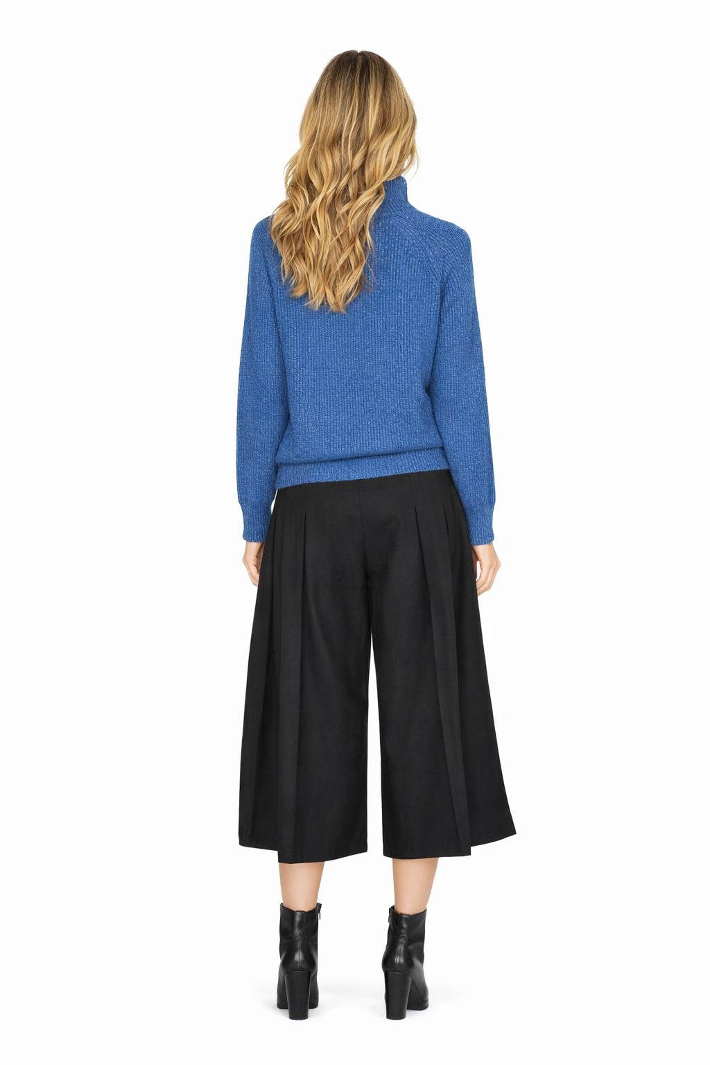 Turtleneck Relaxed Raglan Sleeve Blue Sweater & Black Wide-Leg Trousers Set