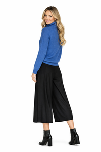 Turtleneck Relaxed Raglan Sleeve Blue Sweater & Black Wide-Leg Trousers Set