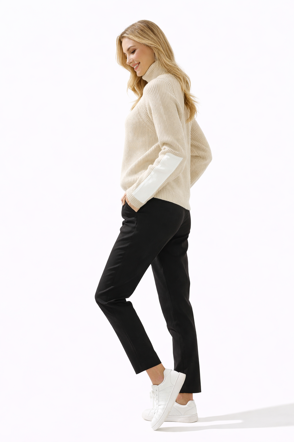 Turtleneck Relaxed Elbow-pad Beige Sweater & Black Cigarette Pants