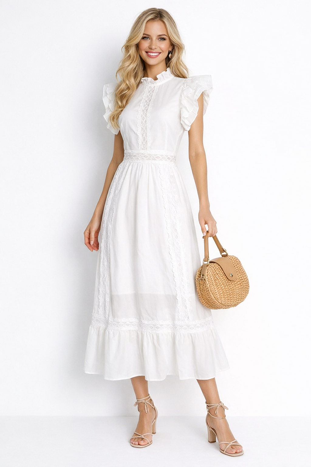 Vintage Ruffled High-neck Crochet Trimmed Maxi Dress in White
