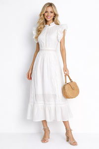 Vintage Ruffled High-neck Crochet Trimmed Maxi Dress in White
