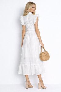 Vintage Ruffled High-neck Crochet Trimmed Maxi Dress in White