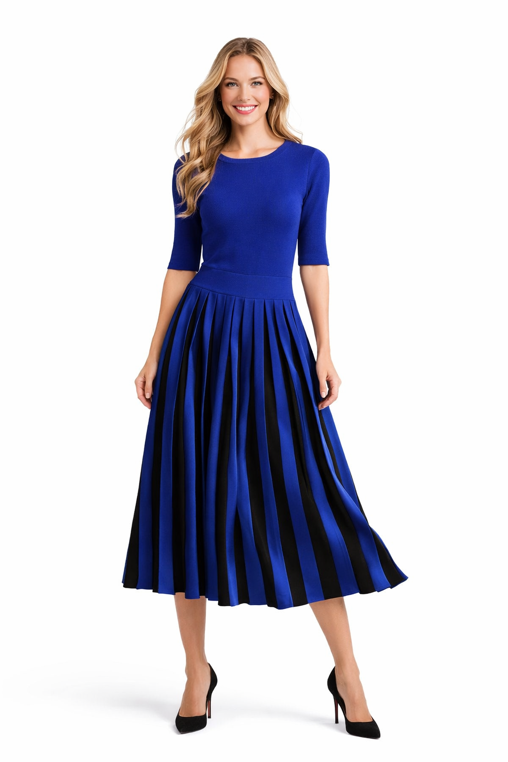 Meghan Crewneck Knit Top & High Waisted Pleated Skirt Set in Blue