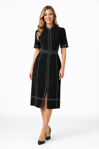 Mandarin Collar Fitted Vintage Midi Tea Dress in Black