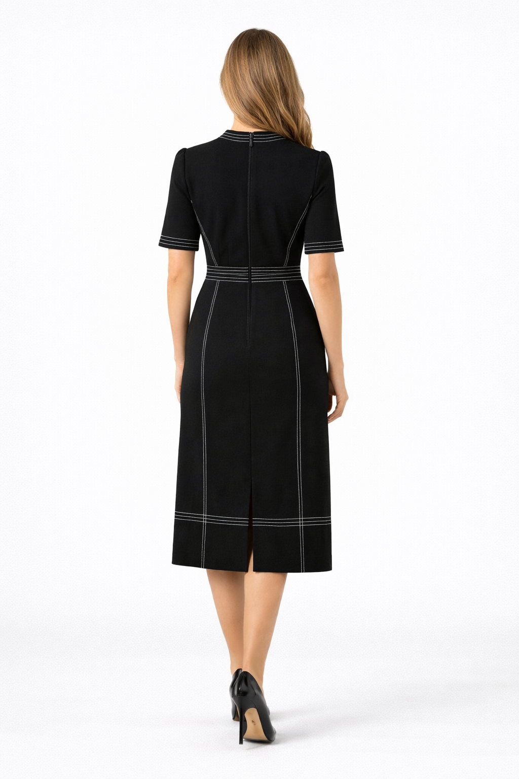 Mandarin Collar Fitted Vintage Midi Tea Dress in Black