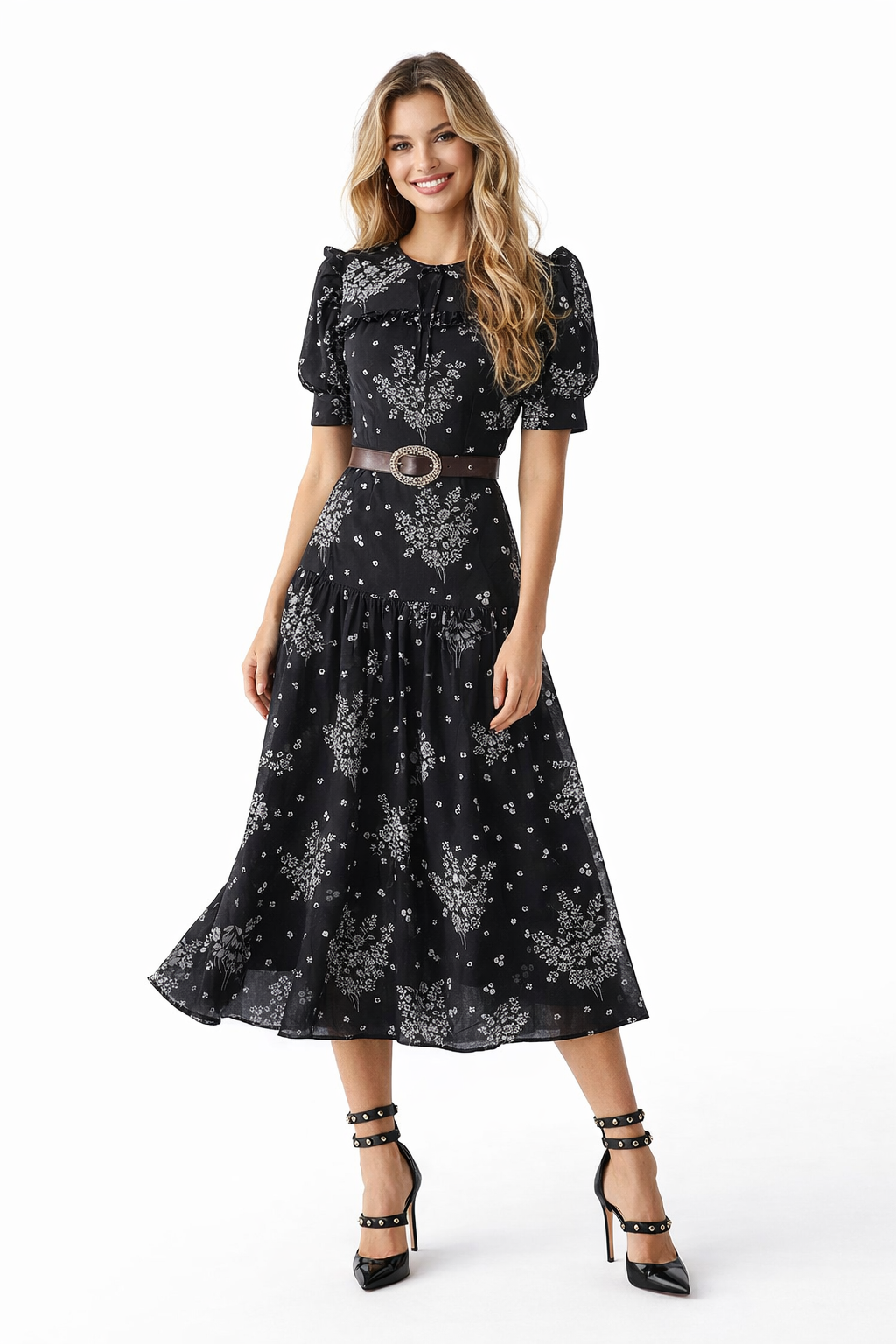 Ruffled Shoulder Black Wild Daisy Print Silk Dress