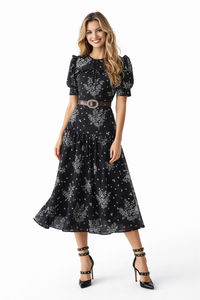 Ruffled Shoulder Black Wild Daisy Print Silk Dress