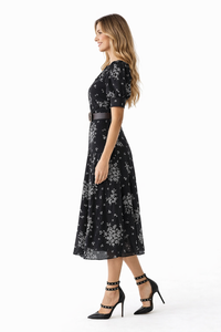 Ruffled Shoulder Black Wild Daisy Print Silk Dress