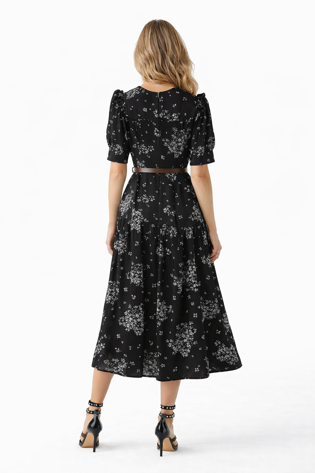Ruffled Shoulder Black Wild Daisy Print Silk Dress