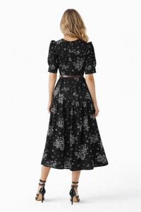 Ruffled Shoulder Black Wild Daisy Print Silk Dress