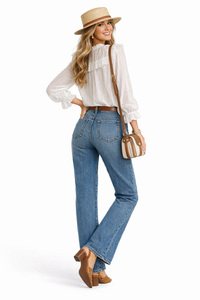 Retro High Neck Long Sleeve Ruffle Cotton Blouse in White