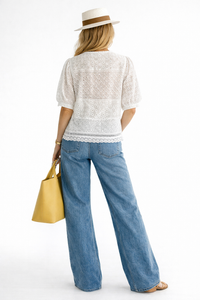 Bubble Short Sleeve Cotton Eyelet Pintuck Blouse in white