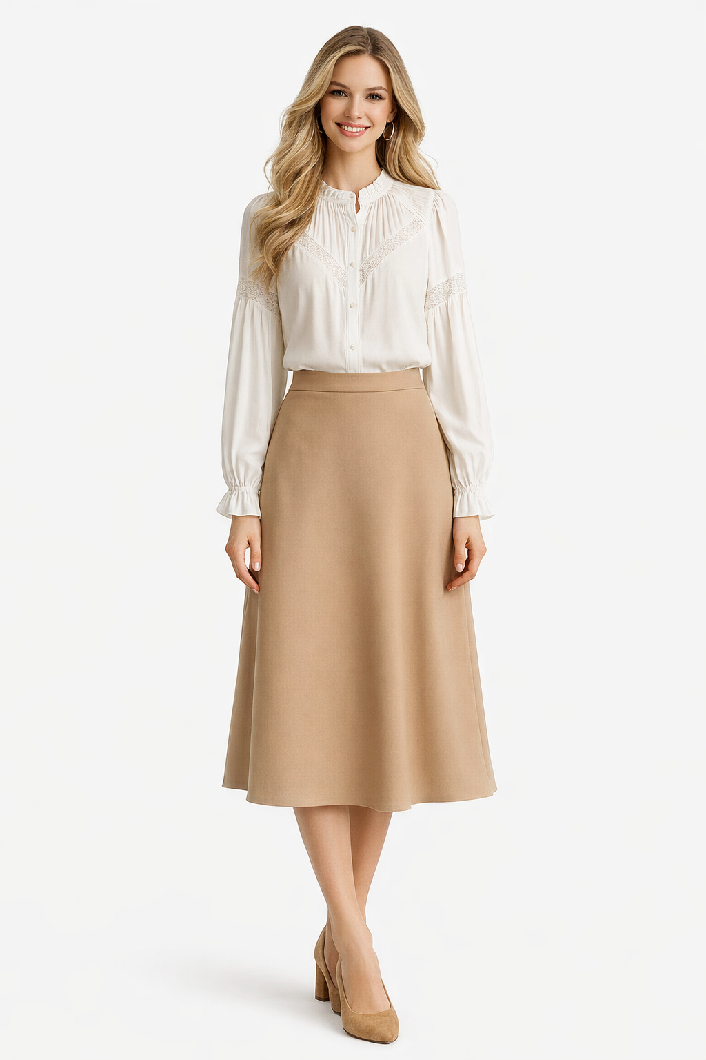 Ruffle High-neck Long Sleeve Lace Insert Tuck White Blouse