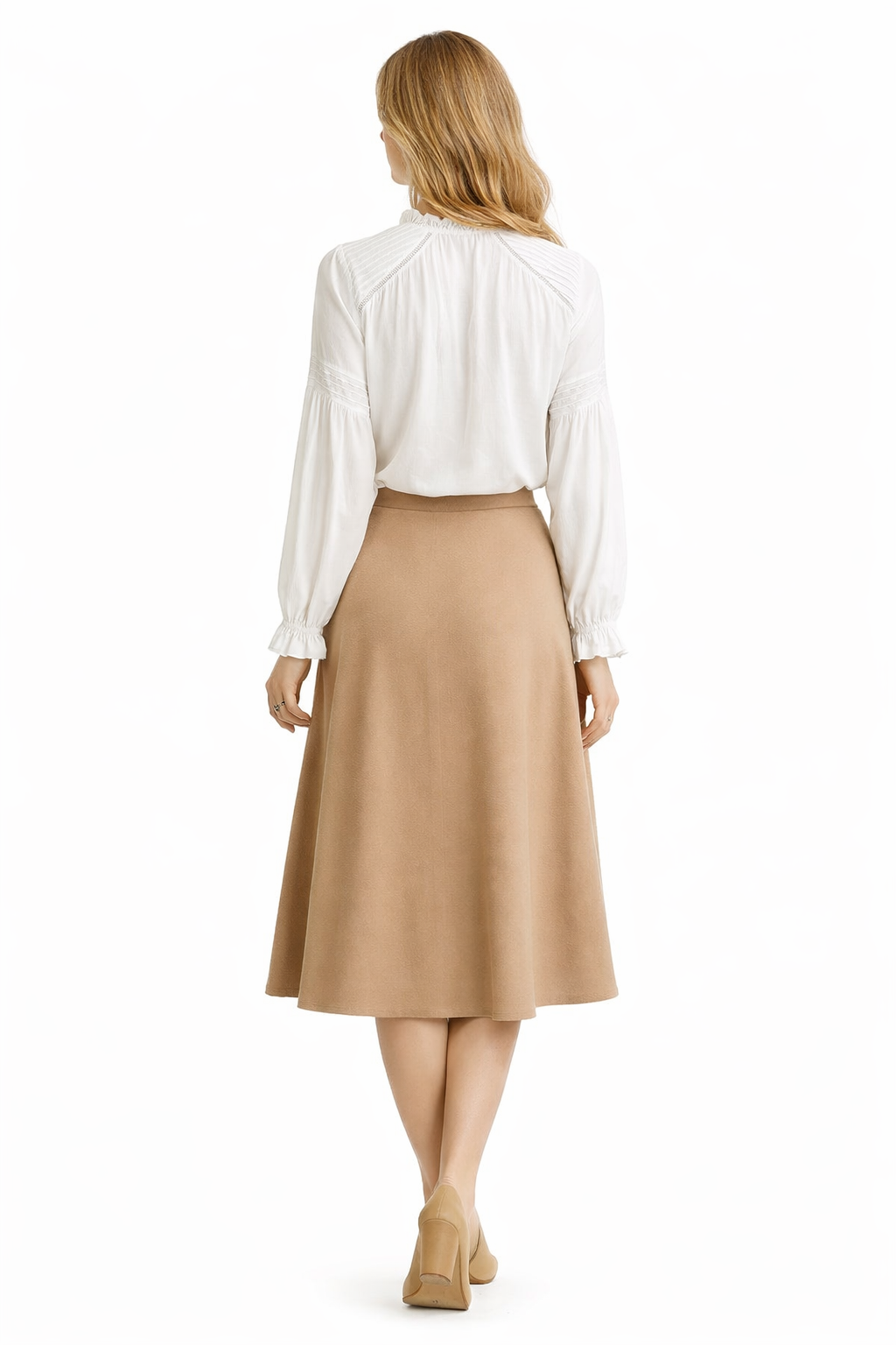 Ruffle High-neck Long Sleeve Lace Insert Tuck White Blouse